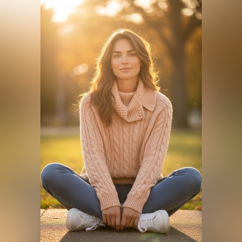 Claudia Barnes Peach/pink Cable Knit Sweater Pearl Collar Small Cozy Cottagecore